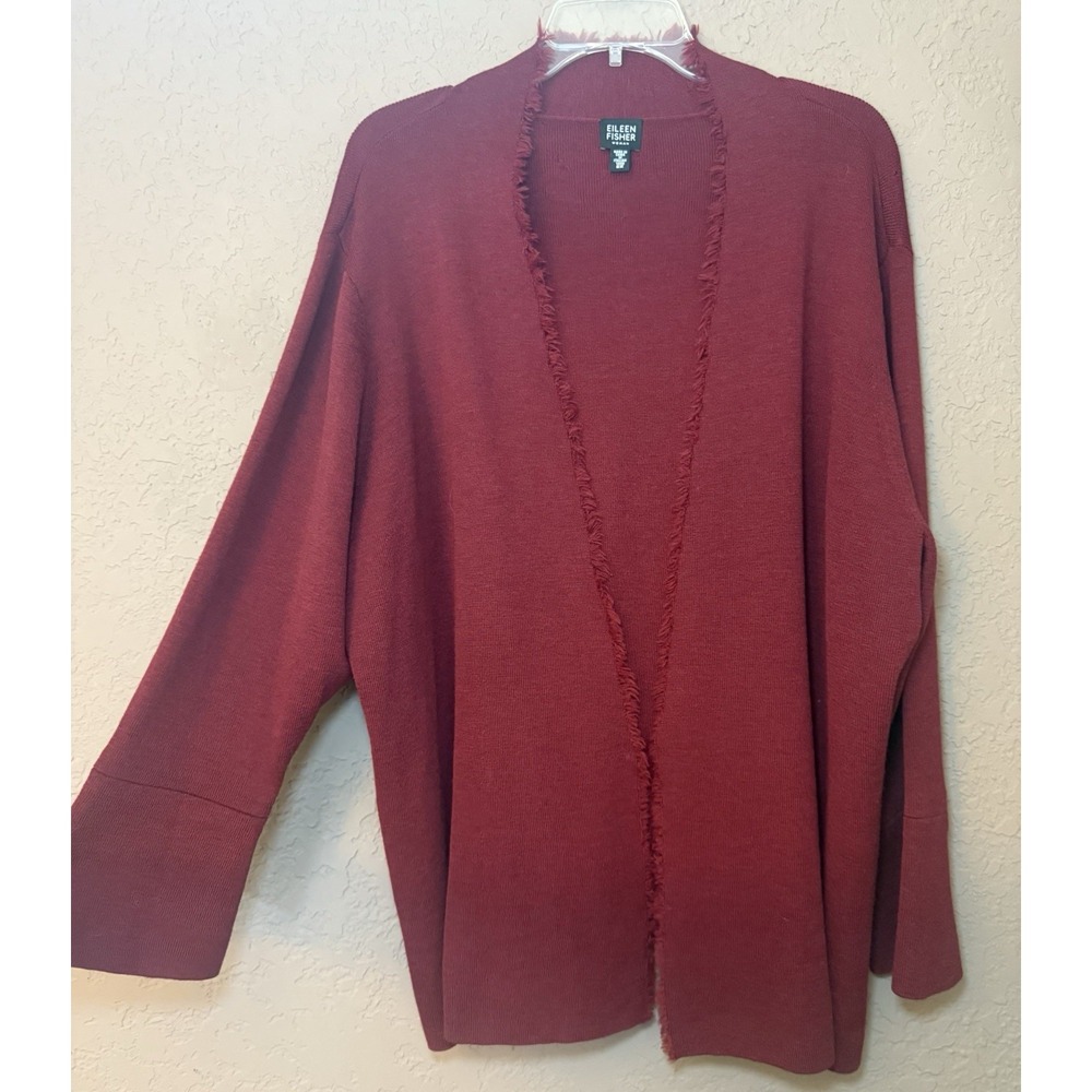 Eileen Fisher Maroon Wool‎ Open Cardigan W/ Fringe Trim Long Sleeve Sz 2X